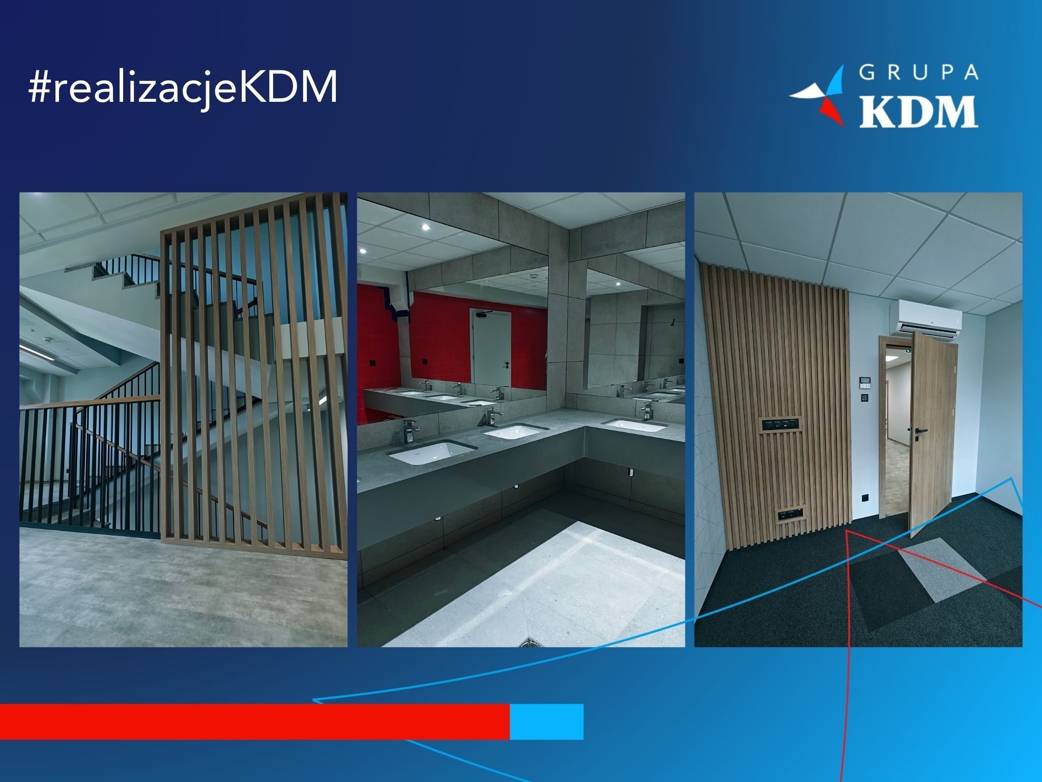 Wnętrza biurowca ROCKWOOL Polska w Małkini po modernizacji: schody, sanitariaty, drzwi – Grupa KDM