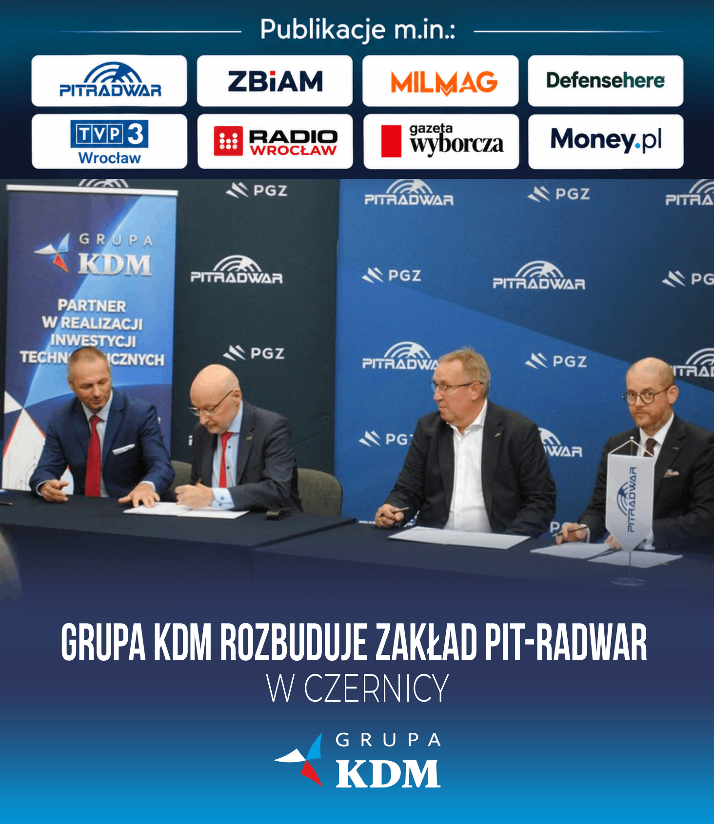Grafika z logotypami mediów, które informowały o modernizacji zakładu PIT-RADWAR w Czernicy – podpisanie umowy z Grupą KDM